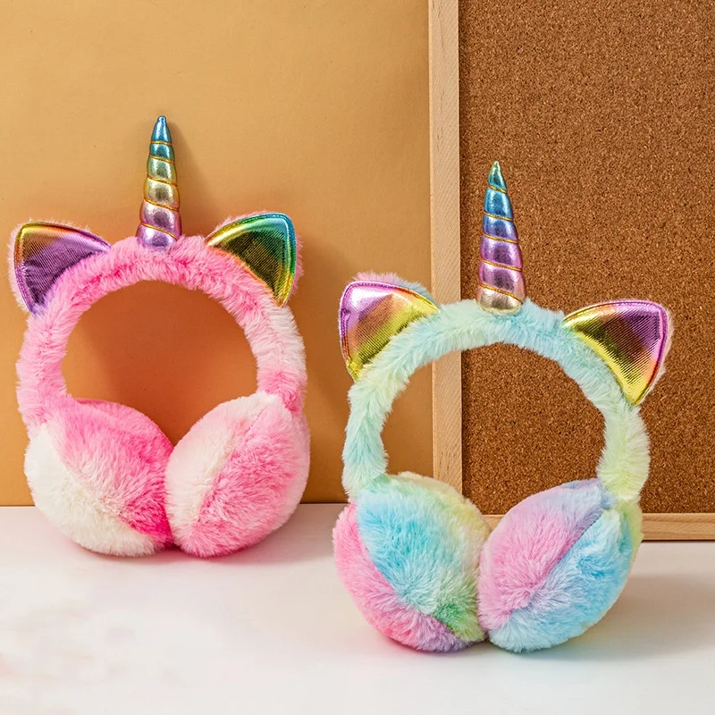 Children Kids Winter Warm Colorful Unicorn Thermal Earmuffs Tie-dye Fur Hat Cat Ears Shape Ski Snow Soft Plush Fluffy Earflap