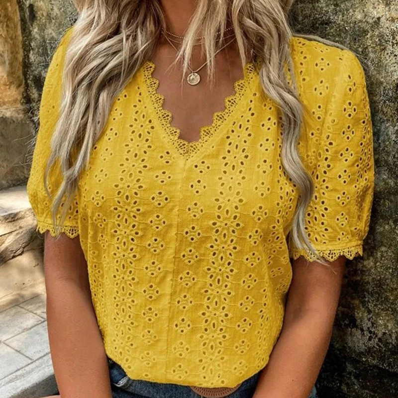 2023 Summer Fashion Women Blouse Office Lady Elegant Top Lace Spliced Hollow Solid Shirt V-neck Puff Sleeve Leisure Blouse