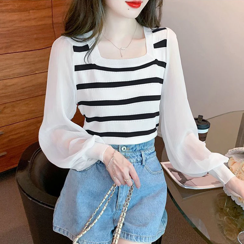 Women\'s Clothing 2023 Spring Autumn Square Collar Striped Patchwork Knitted Blouses Trendy Long Sleeve Chic Sweet Pullover Tops