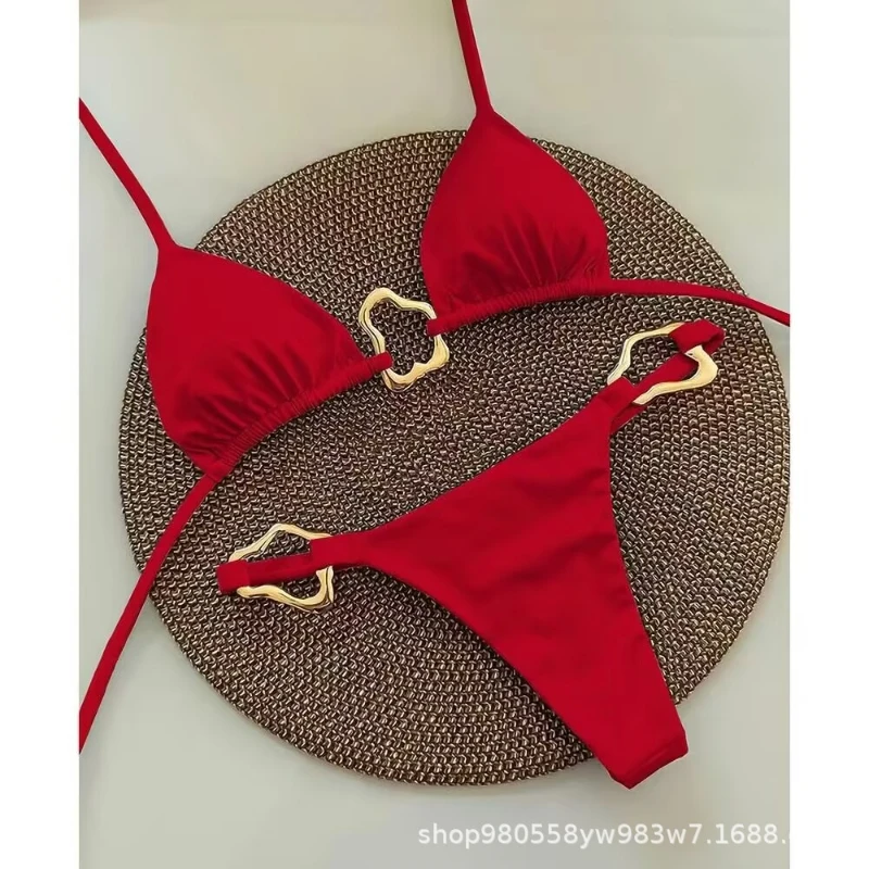 2025 New Halter Neck Bikini Swimsuit Chest Gathering Sexy Metal Buckle Triangle Women Solid Color Split Swimsuit