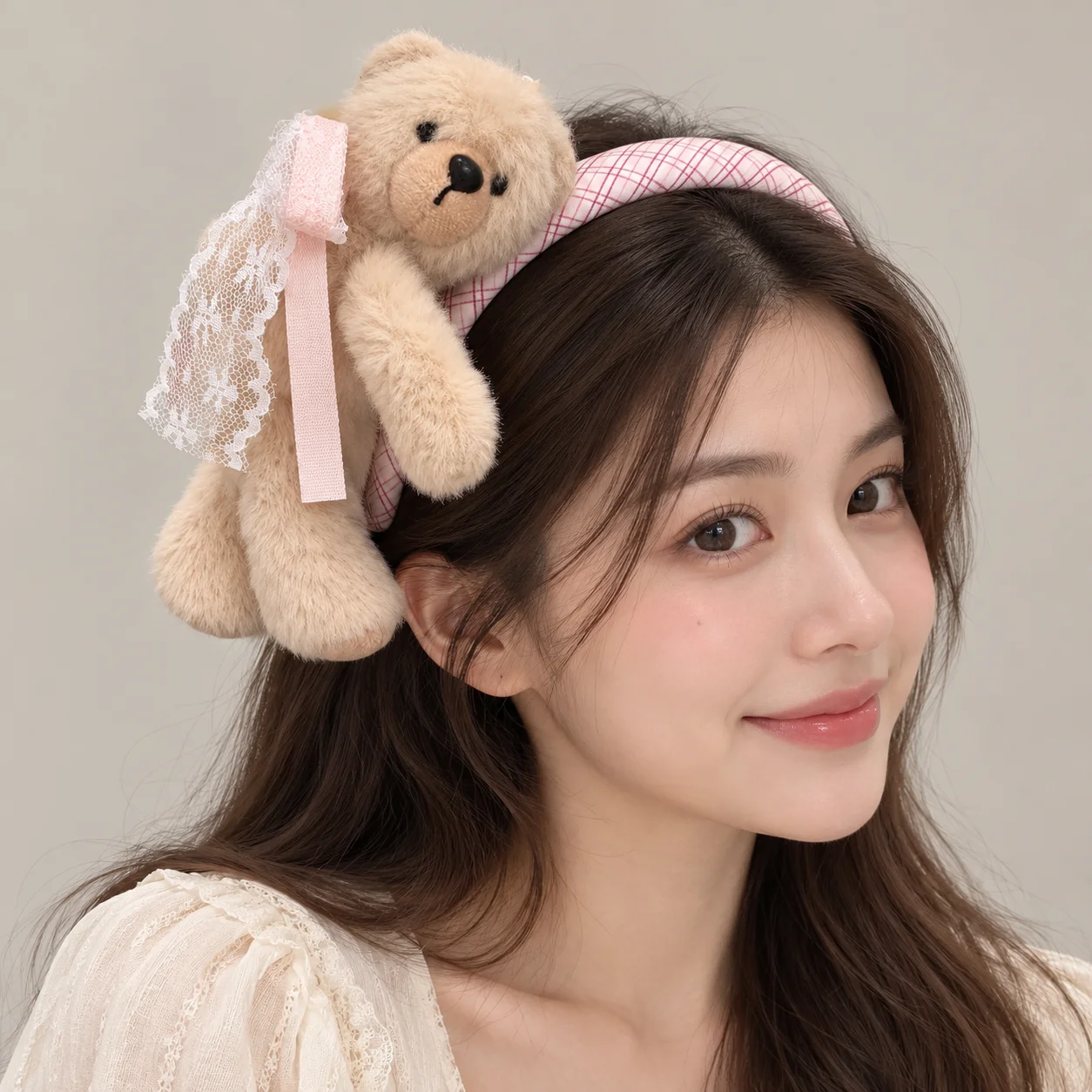Cute Plush Teddy Bear Headband for Women, Plaid Padded Hair Hoop with Lace Ribbon Bow and Flowing Tails