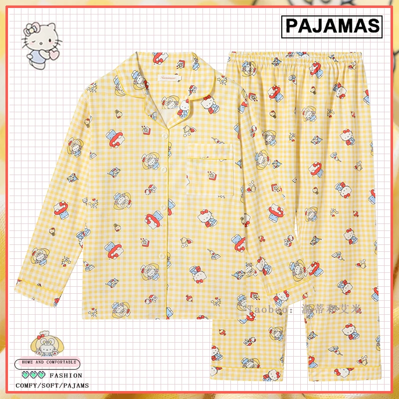 

Girls' Ins Hello Kitty Cartoon Pajamas Set Cute Cat Spring Autumn Kawaii Anime Cotton Long Sleeved Pants Fashion Home Clothing