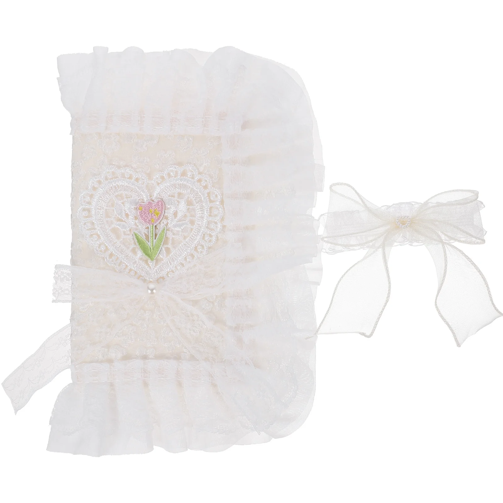 

White Lace Floral Fabric Protective Cover Square Book Sleeve Strap for Notebook Lovers Decorative Delicate Textbook Protector