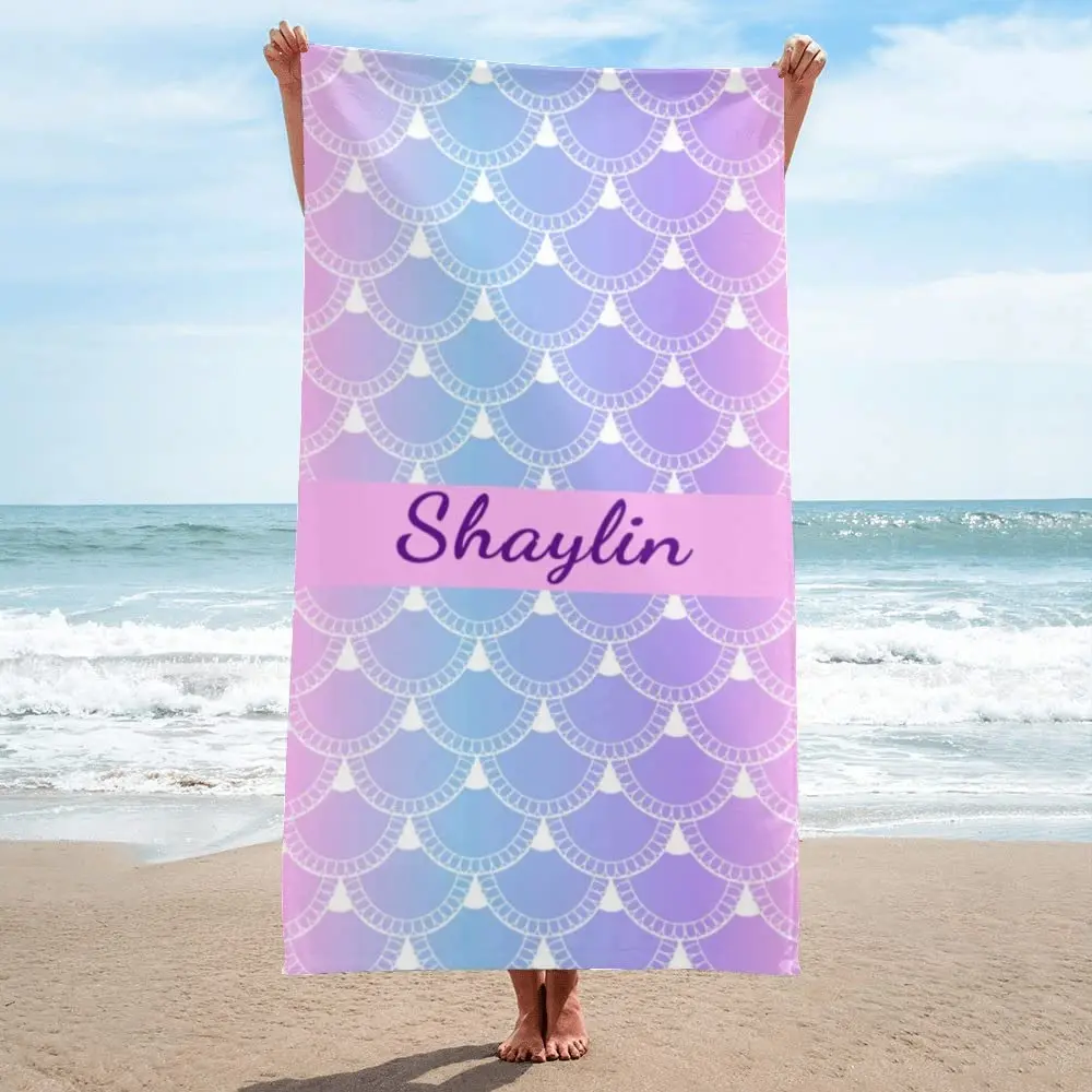 Personalized Mermaid Scales Beach Towel Custom Name Beach Towels for Kids Girls Microfiber Quick Dry Pool Swimming Bath Towels