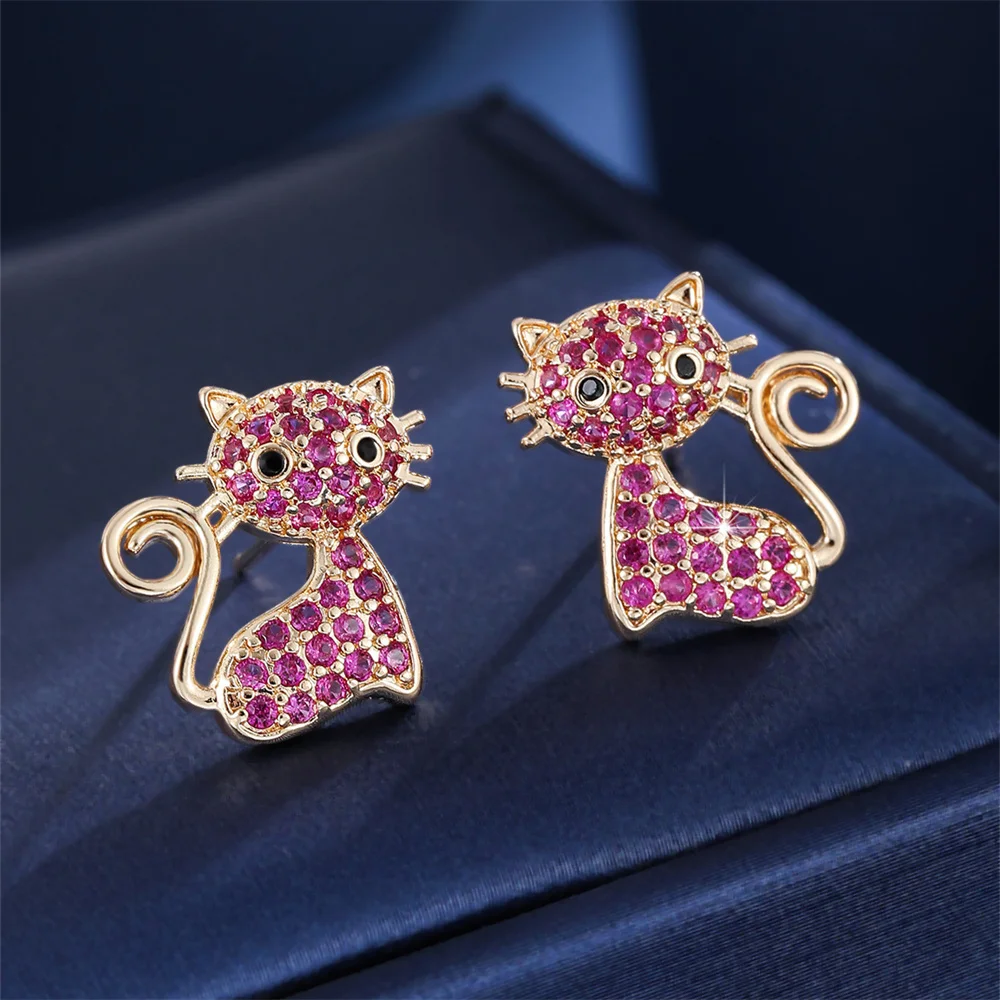 White Zircon Cute Animal Small Cat Stud Earrings For Women Fashion Gold Silver Color Ear Studs Wedding Jewelry Mother's Day Gift view 2