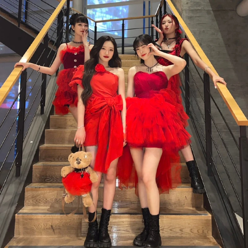 Kpop Fashion Singer Jazz Dance Costume Women Group Sexy Red Off-Shoulder Sling Dress Party Outfit Stage Performance Rave Clothes