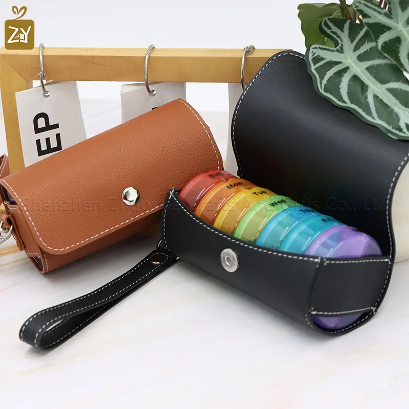 Divided Pill Case - Portable PU Leather Daily Pill Organizer, Mini Travel Medicine Box for Elderly, Black Handle