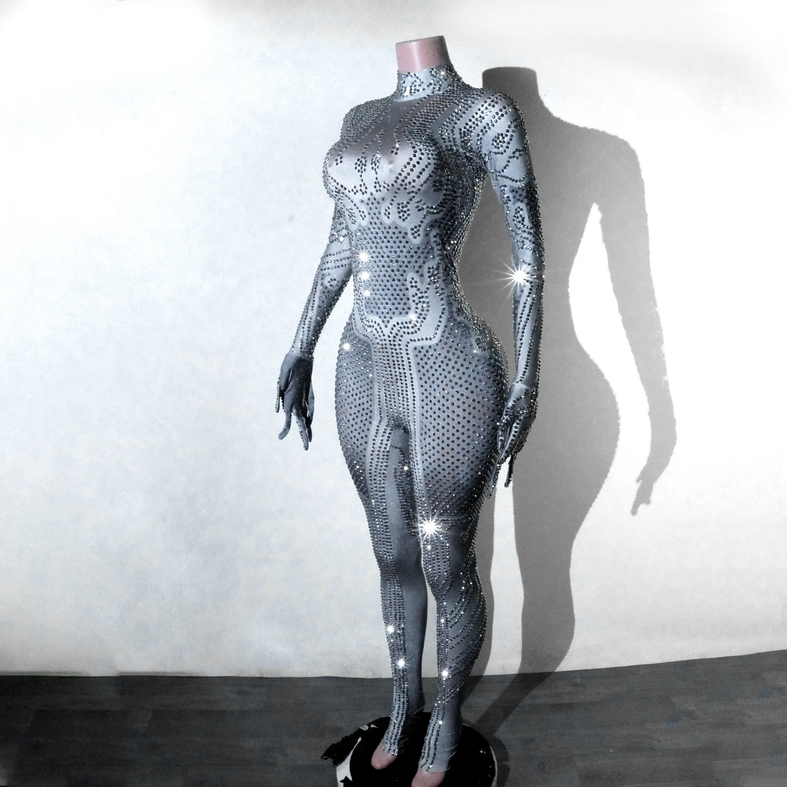 Glitter Grey Full Crystal Long Sleeve Jumpsuit Drag Costume Show Singer Performance Femme Show Girl Go Go Outfit Festival Club