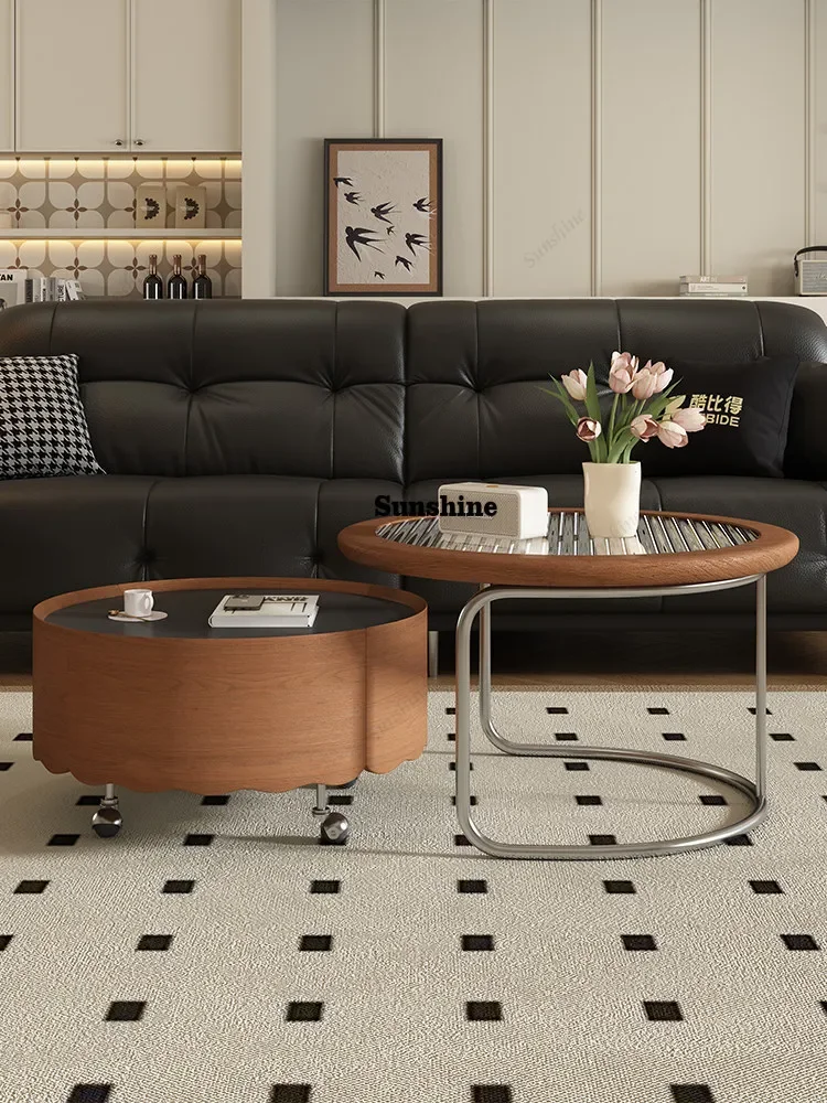 

Retro style solid wood coffee table combination living room home simple mobile round tea tableTJ