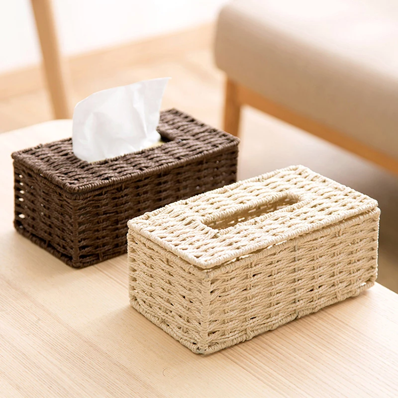 Rattan Tissue Box Vintage Napkin Holder Case Clutter Storage Container Cover Living Room Desk Decoration