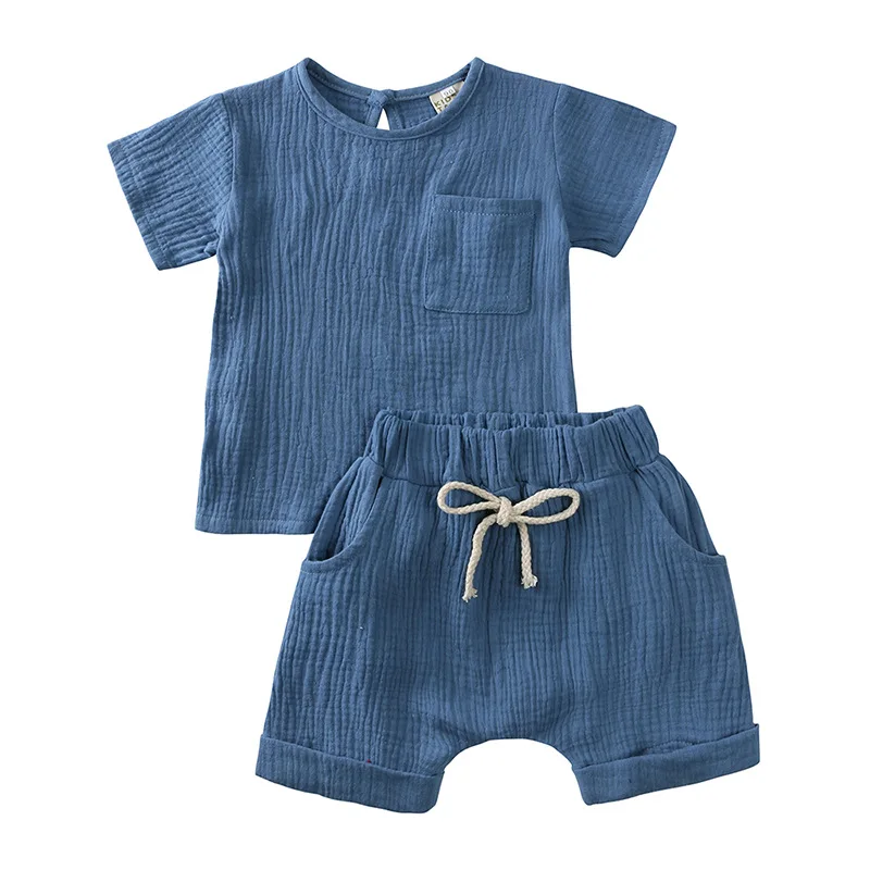 Summer baby clothes cotton yarn breathable solid color boys T-shirt top set 2-year-old girl short sleeved shorts two-piece set