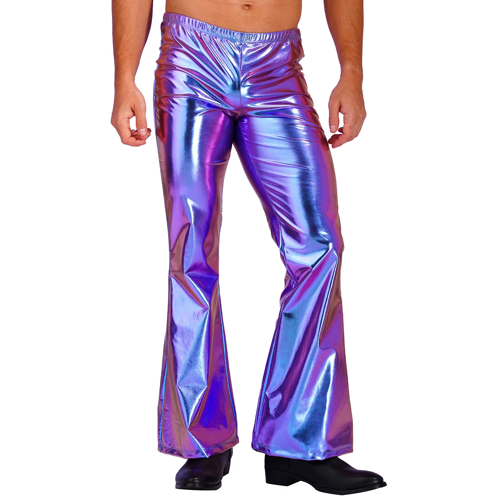 

Adults Mens Disco Pants Retro Disco Solid Color Shiny Flare Trousers Metallic Wetlook Long Pants Dance Show Streetwear Clubwear