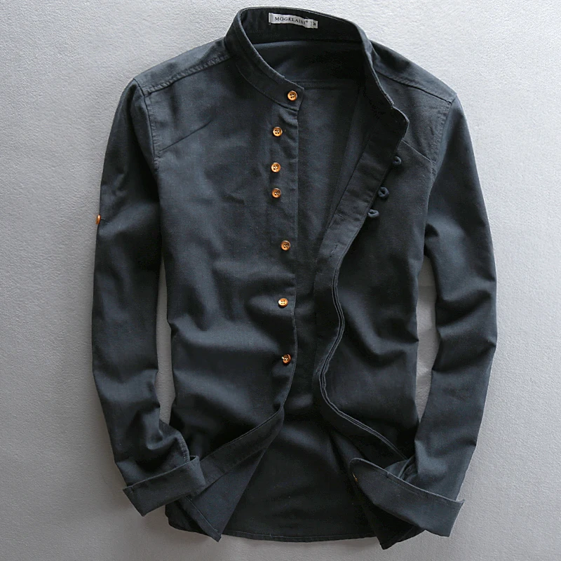 

Men's Long Sve round Ne Linen irt Slim Fit Spring Vintage Cotton Linen Stand Collar irt Youth Trend Home Use Antibac...