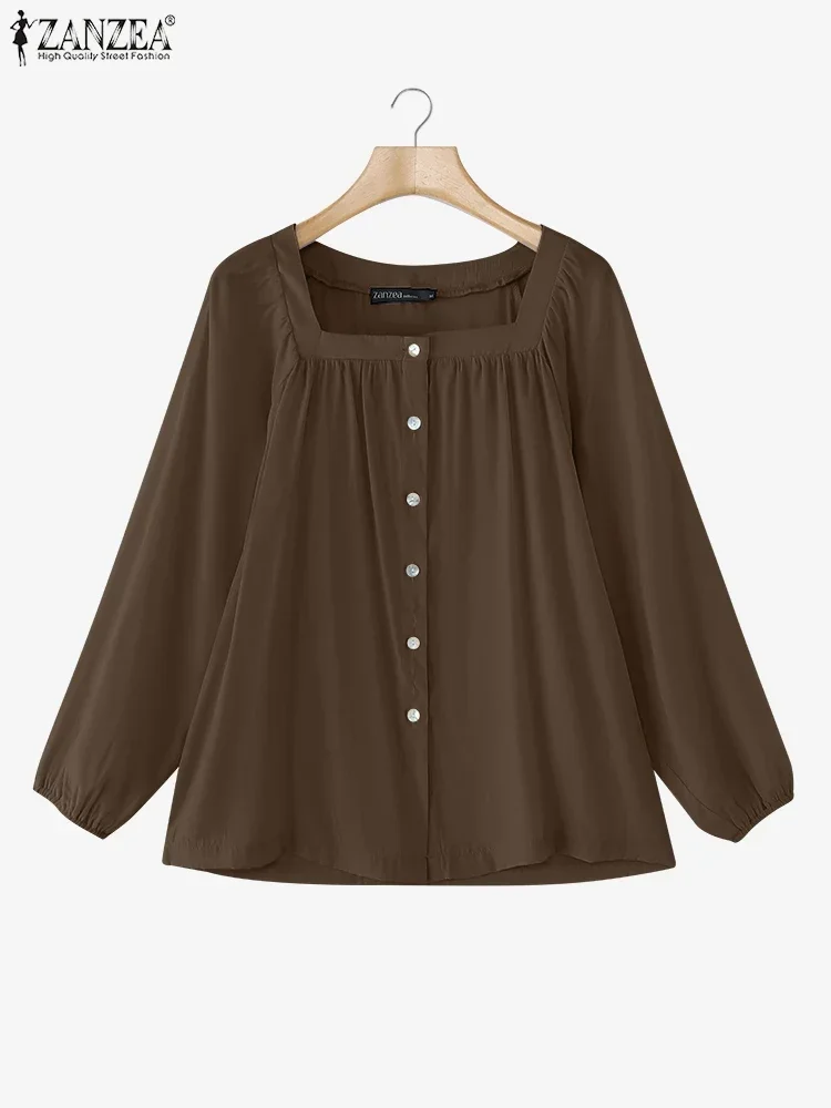 2025 ZANZEA ผู้หญิงเดี่ยว Breast Tops วันหยุดสีทึบเสื้อแฟชั่นฤดูร้อนแขนยาวจีบ Tunics Casual หลวม Blusas