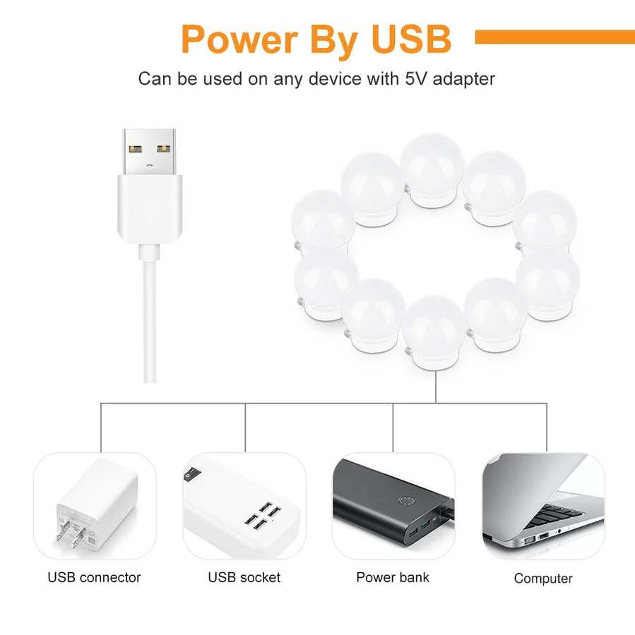 USB 5V portátil Bulbo Dimmable Lâmpada de parede 5V LED Maquiagem Espelho Dressing Table Light Beleza Lâmpada Mão Sweep SensorCosmetic Luzes