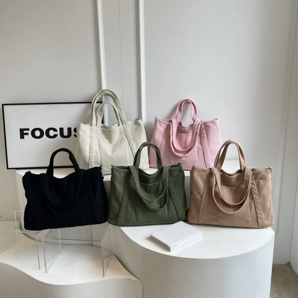 

Simple Solid Color Corduroy Shoulder Bag Casual Korean Style Canvas Tote Bag Handbag Large Capacity Crossbody Bag Girls