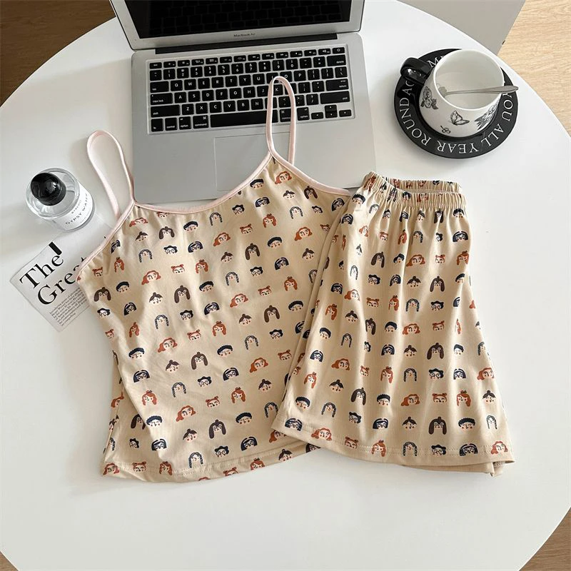

Korean Style Ins Sweet Cartoon Print With Chest Pad Suspenders Pajamas Women Summer