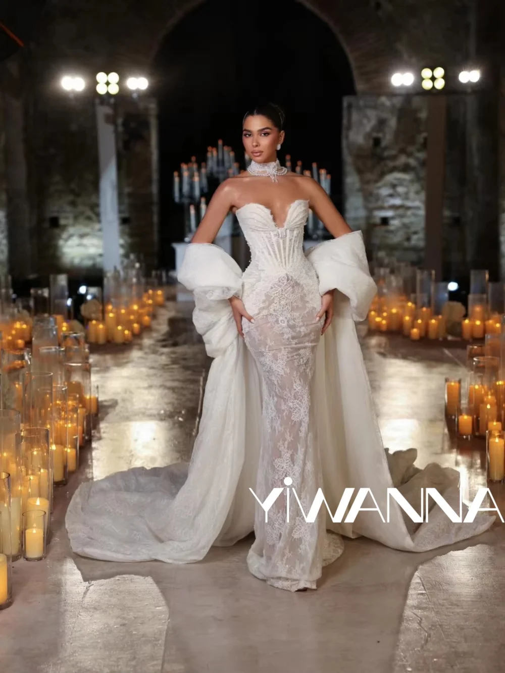 

Shinny Pearls Lace Long Wedding Dress With Shawl Illusion Sleeveless Mermaid Bridal Gown Customized Elegant Dresses For Bride