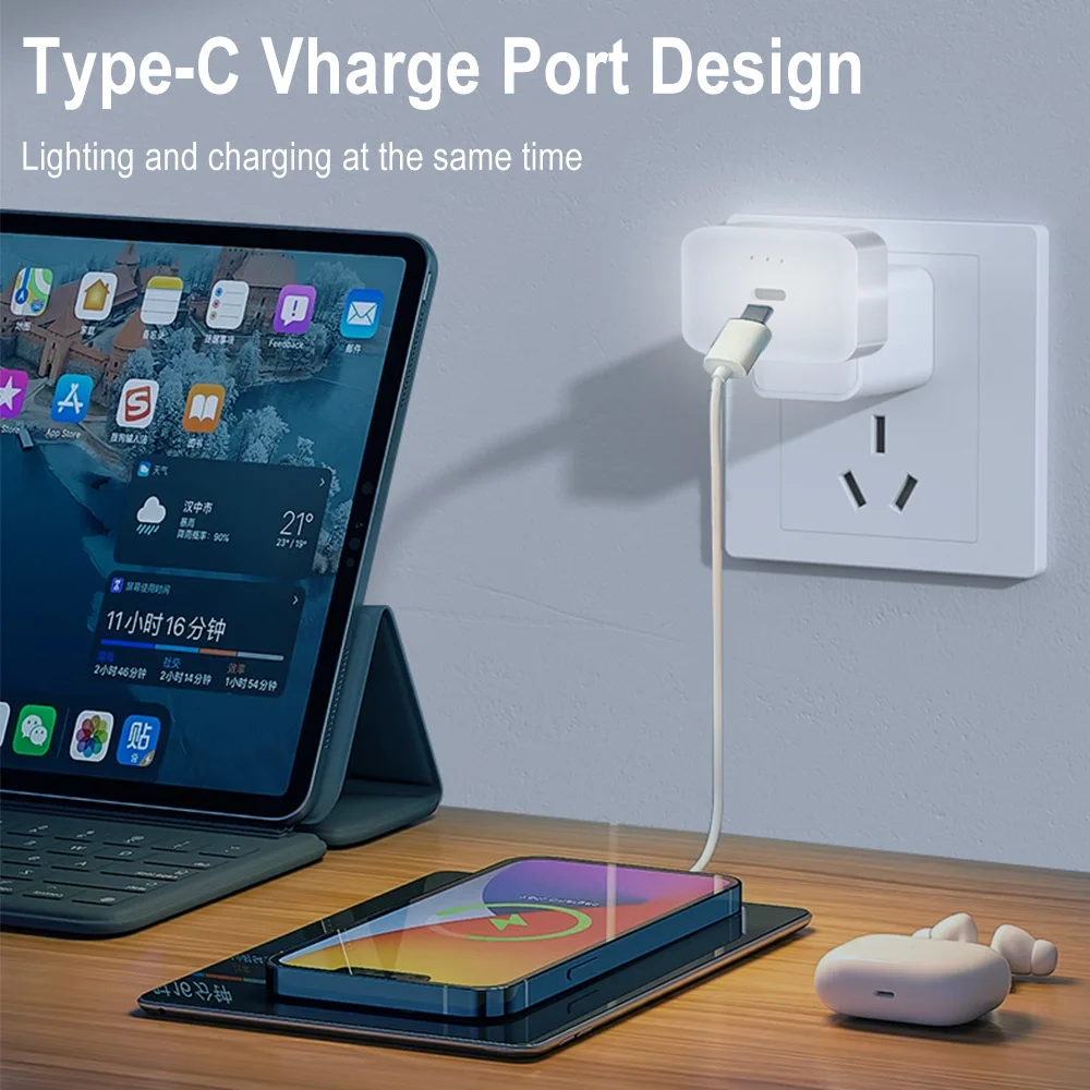 BORUIT Luz nocturna inteligente USB-C Plug in Luz nocturna Control de voz Selección de brillo Mesita de noche Dormitorio