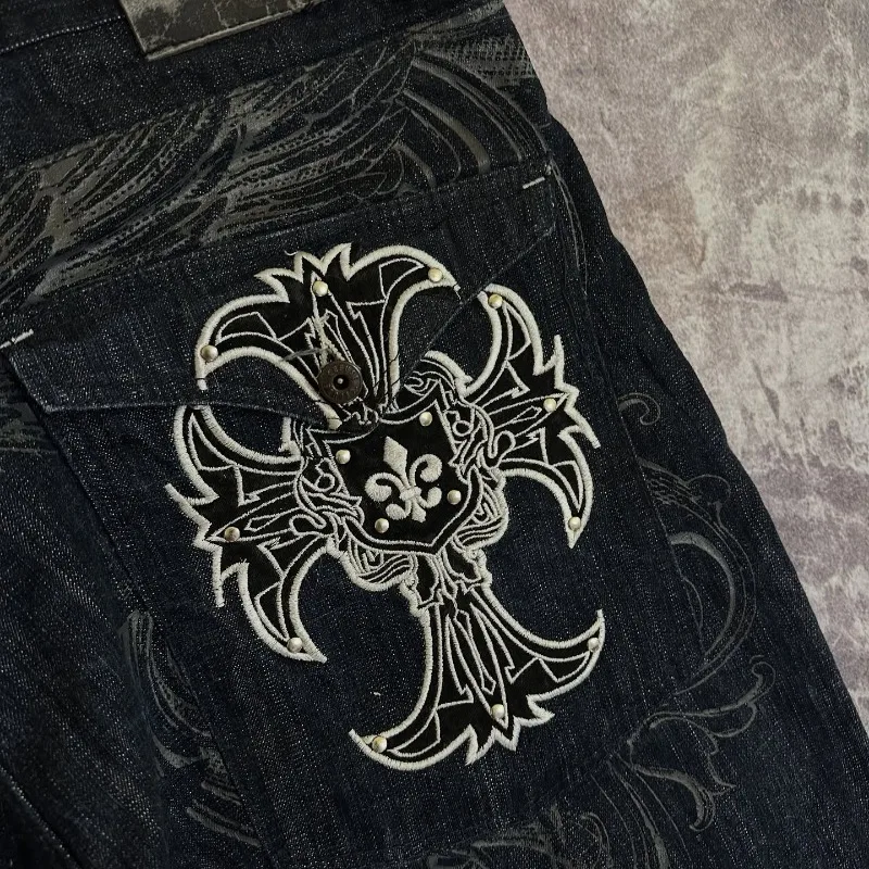 Y2K موضة جديدة نمط التطريز الأسود فضفاض الجينز النساء Harajuku الهيب هوب شعبية روك عادية مهرج عالية الخصر بنطال ذو قصة أرجل واسعة