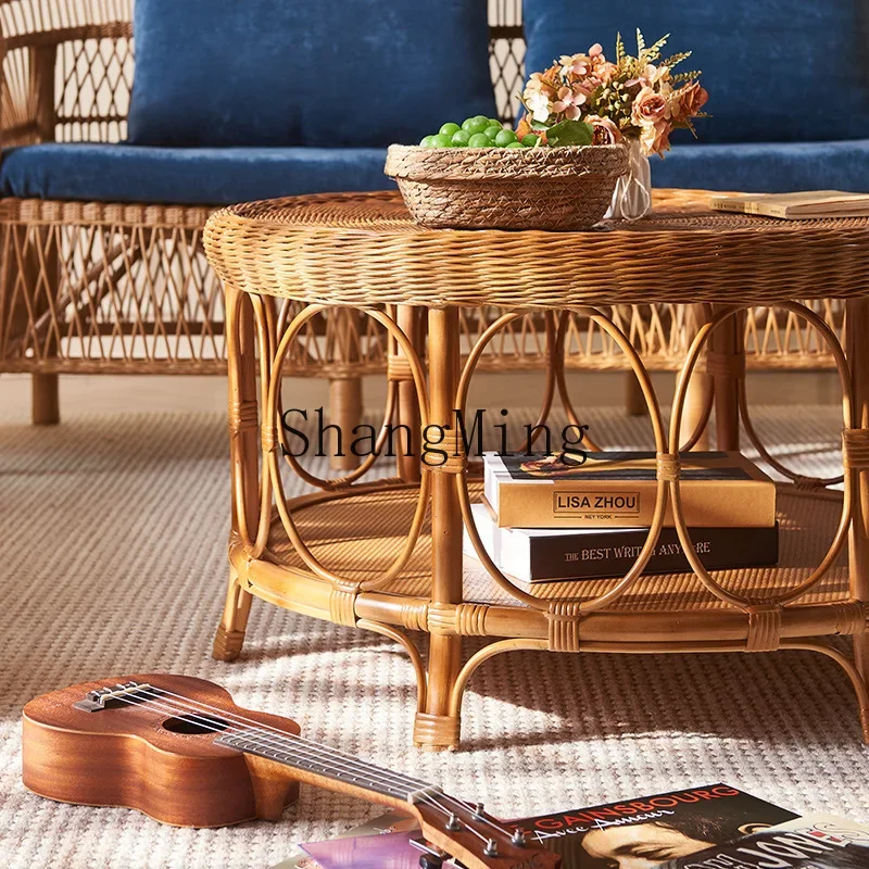 SM نبات الروطان طاولة شاي غرفة المعيشة شقة صغيرة الفن العتيقة جولة الروطان طاولة شاي صغيرة