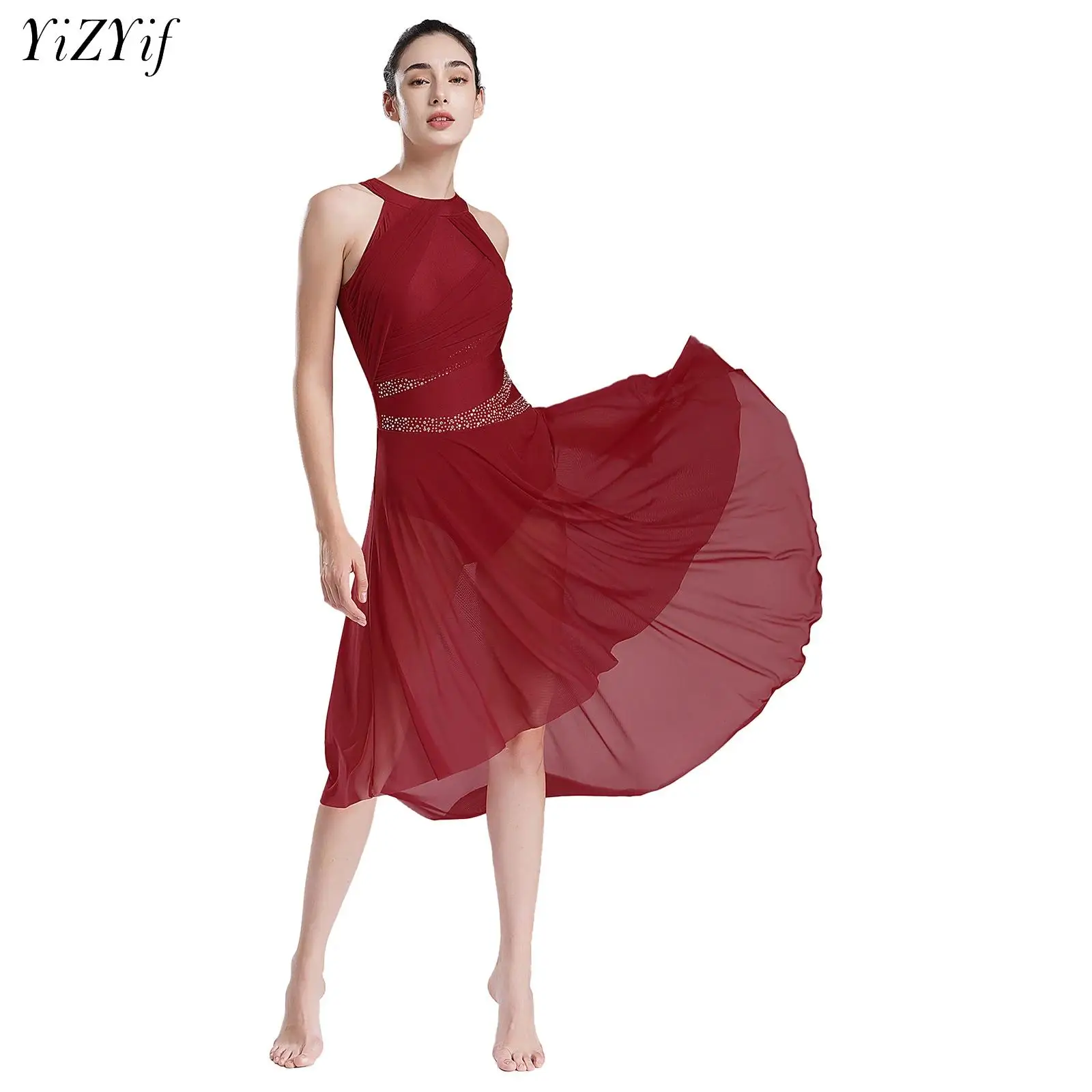 Women Modern Lyrical Dance Dress Sleeveless Asymmetrical Hem Ruched Leotard Dress Latin Jazz Tango Ballet Contemporary Dancewear