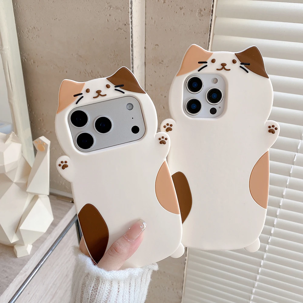 Lustige 3D-Cartoon-dreifarbige Katze, stoßfeste Handyhülle, weiche Silikon-Rückseite für iPhone 17 16 Plus 15 14 13 12 Pro Max – Detail 3