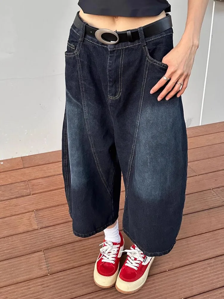 Plus Size Amerikaanse Retro Zeven Voet Jeans Vrouwen Losse Hoge Taille Slanke Rechte Wijde Pijpen Mes Midden Broek Casual losse Fit