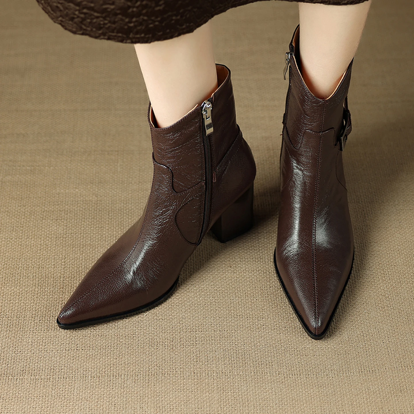 2026 جديد النساء أحذية جلد طبيعي حذاء من الجلد سميكة عالية الكعب مكتب الأحذية الإناث الدافئة الخريف الشتاء أحذية امرأة أحذية بوت قصيرة #6