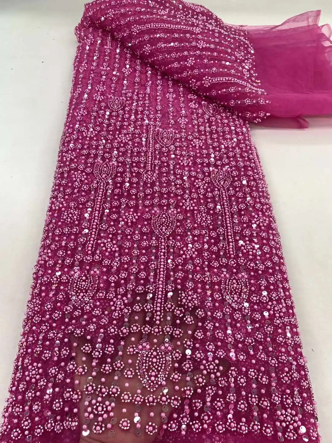 

Fashion French Heavy Beads Lace Fabric 2024 High Quality African Sequins Groom Lace Net Fabrics For Nigerian Wedding Party Dress