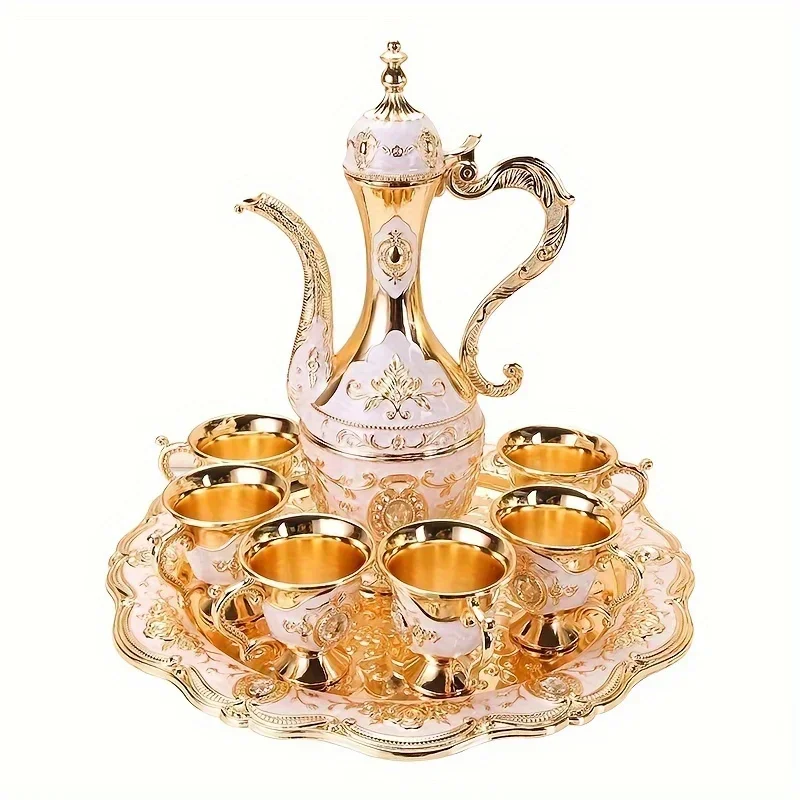 European Style Vintage Metal Turkish Coffee Pot Set 6 Luxury Coffee Cups Craft Tea Tray Teapot For Serving Tea Gift view 6