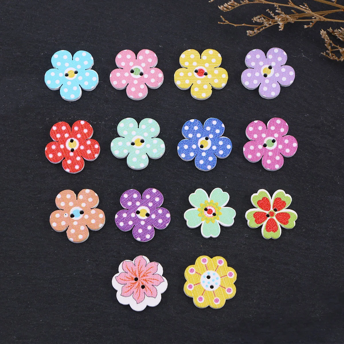 

50 Pcs 2cm Wooden Buttons Colorful Flowers 2 Holes Buttons Baby Sweater Buckles Sewing Craft Scrapbooking DIY Buttons (Random Co