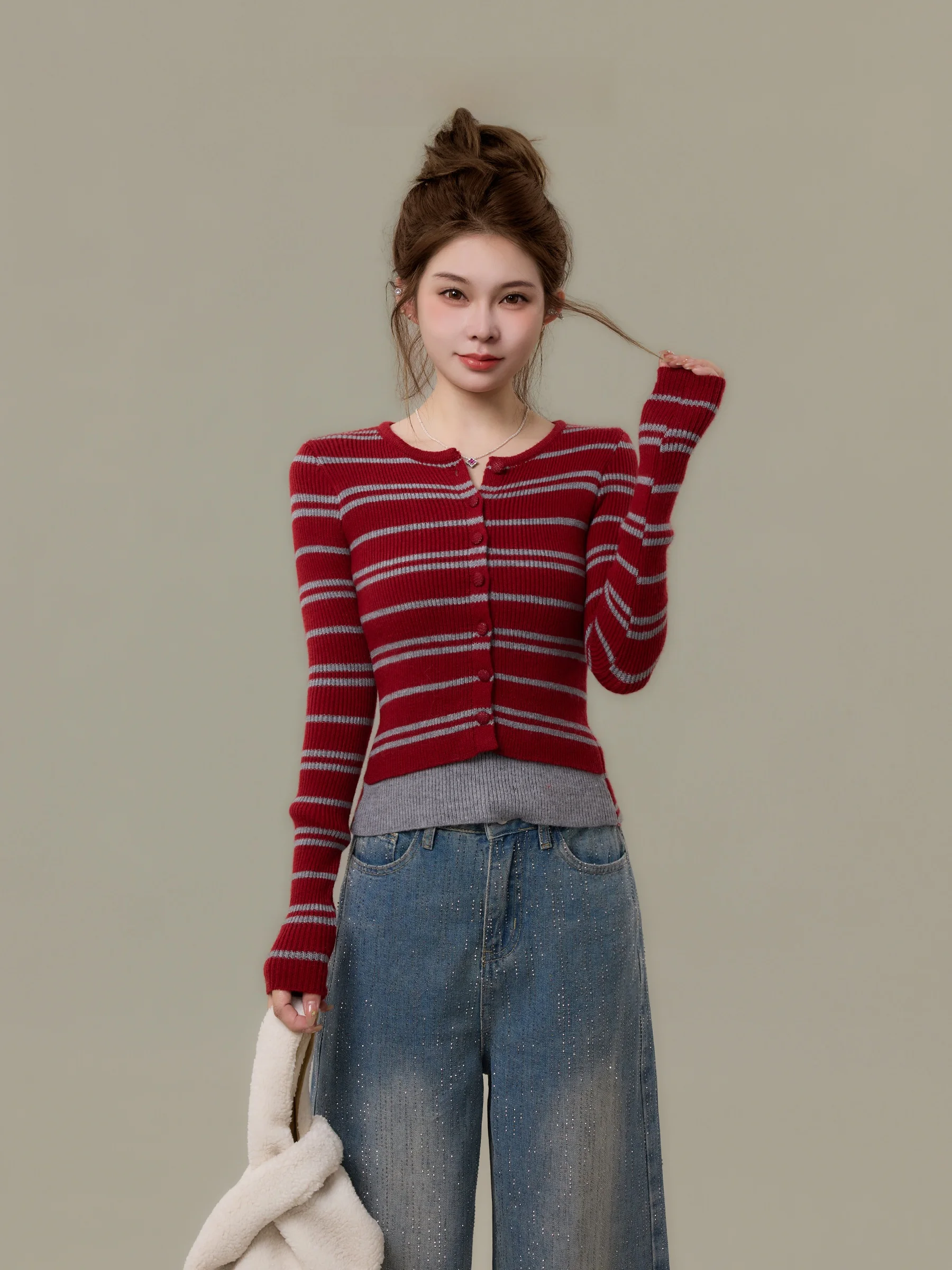 

Red Knitted Sweater Women's Slim Fit Base Layer Stripe T-irt Autumn Winter Faion Cleanfit Long Sve round Ne Top