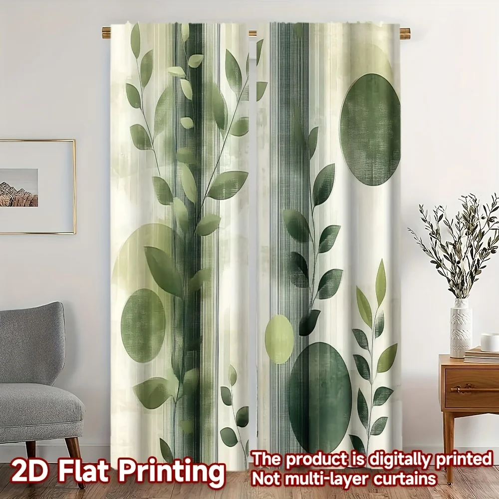 Modern Botanical Green Leaf Pattern Curtains Pair for Living Room Bedroom Window Drapes Tropical Jungle Style Vertical Stripe Ne