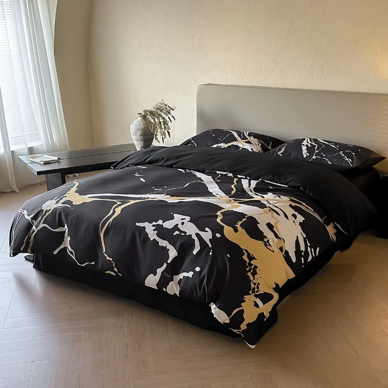 New simple and high-end skin-friendly abrasive four-piece marble pattern black quilt cover bedding