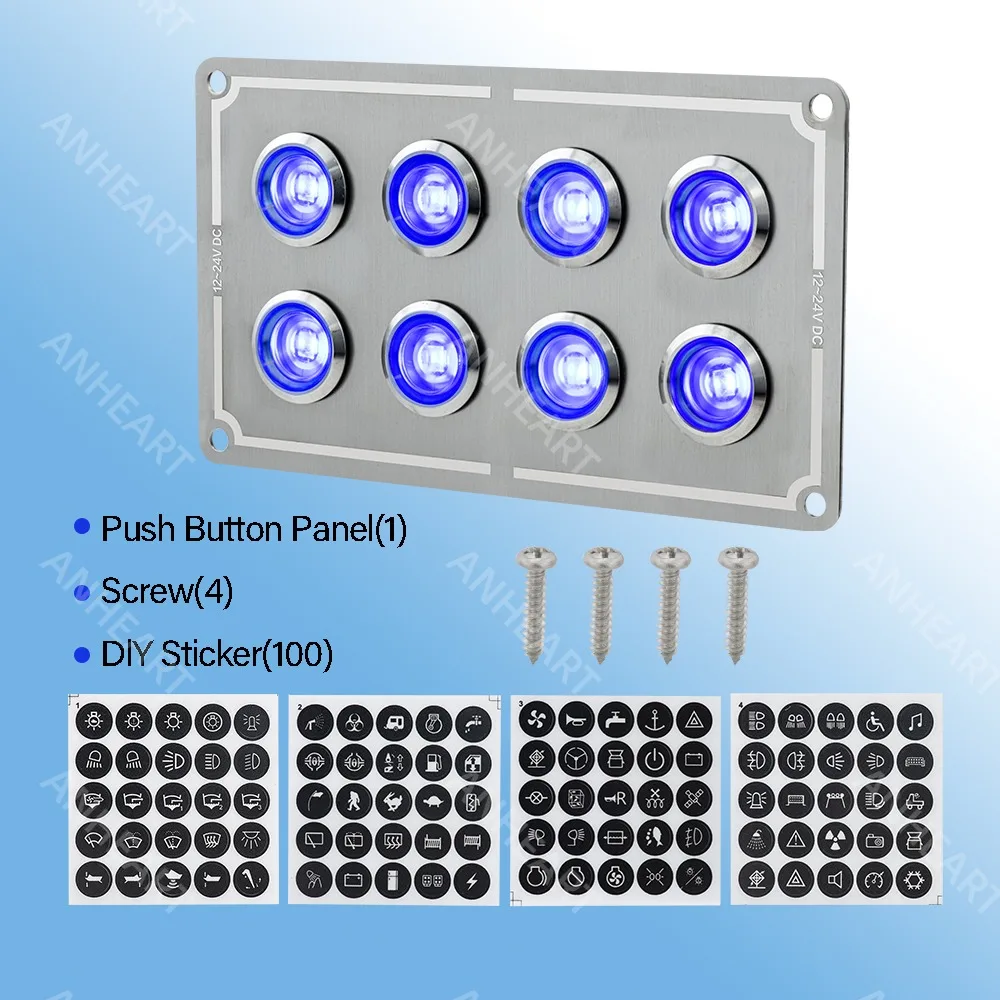 8 Gangs Blue Light Waterproof Marine Boat Auto Car Stainless Steel Button Switch Panel