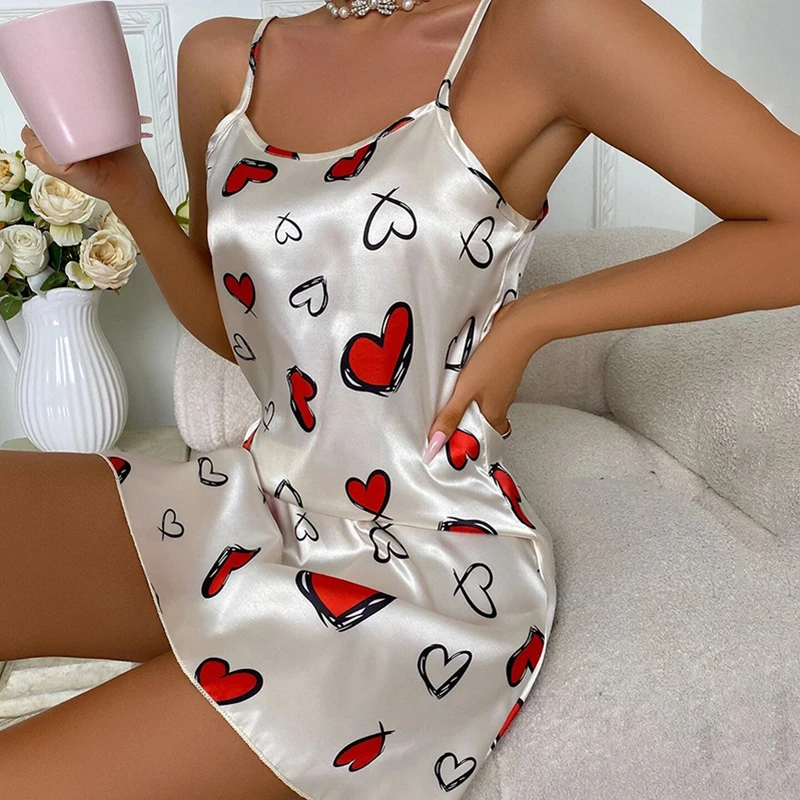 Fashion Ladies Sexy Sling Nightdress Women\'s Sexy Lingerie Satin Sleepwear Floral Pinting Silk Nightwear Homewear Mini Dress