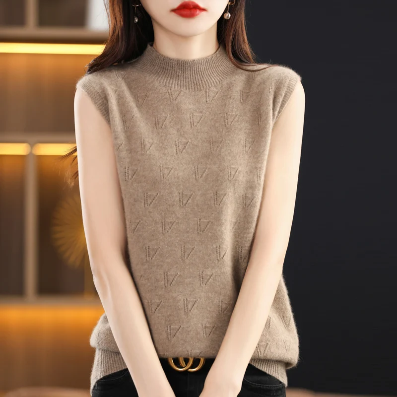 First-line ready-to-wear sleeveless semi-turtleneck vest female high-end knitted hollow top thin loose slim wool sling