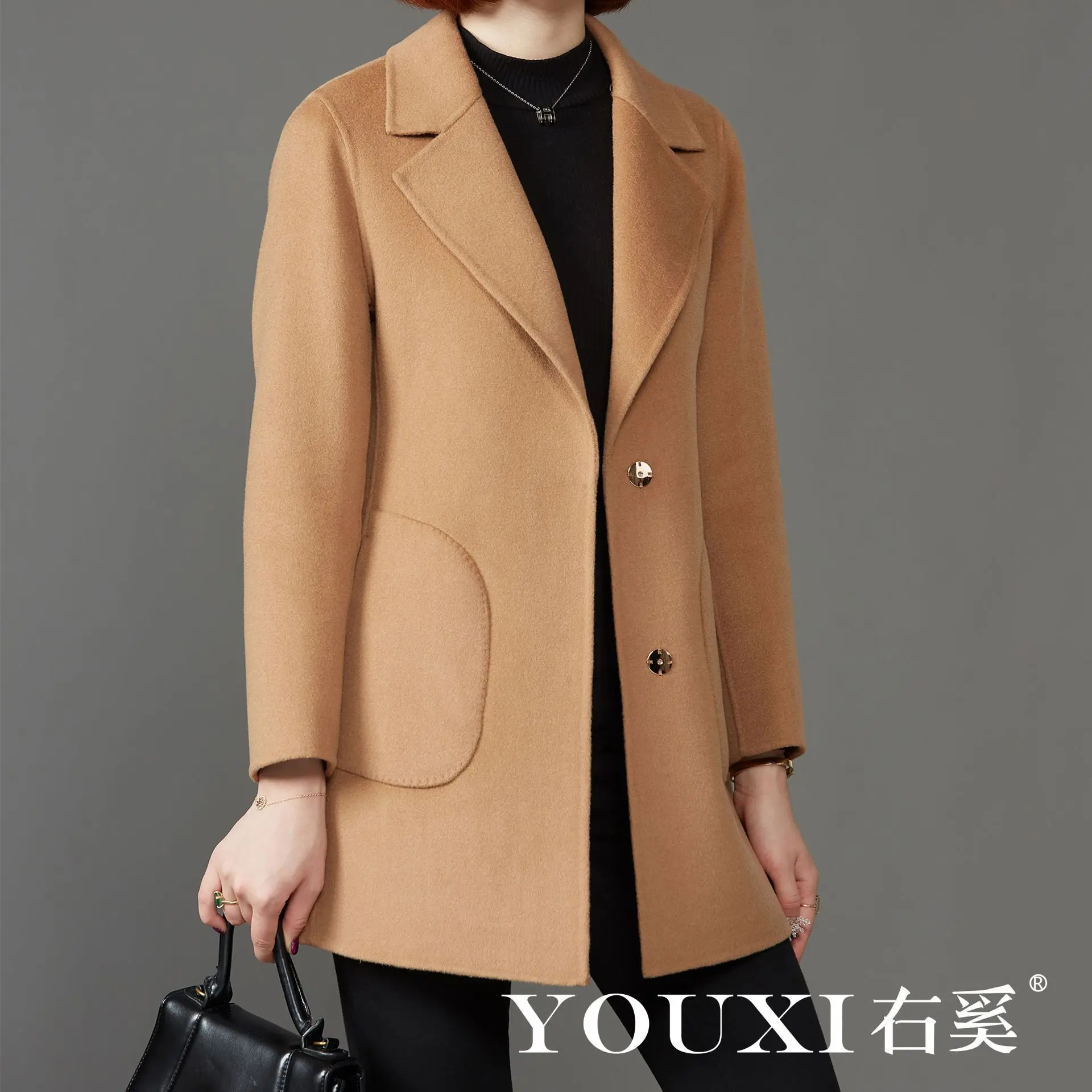 Double Sided Cashmere Sweater Women's Long Slim Fitting Suit Wool Woolen Jacket OL Made