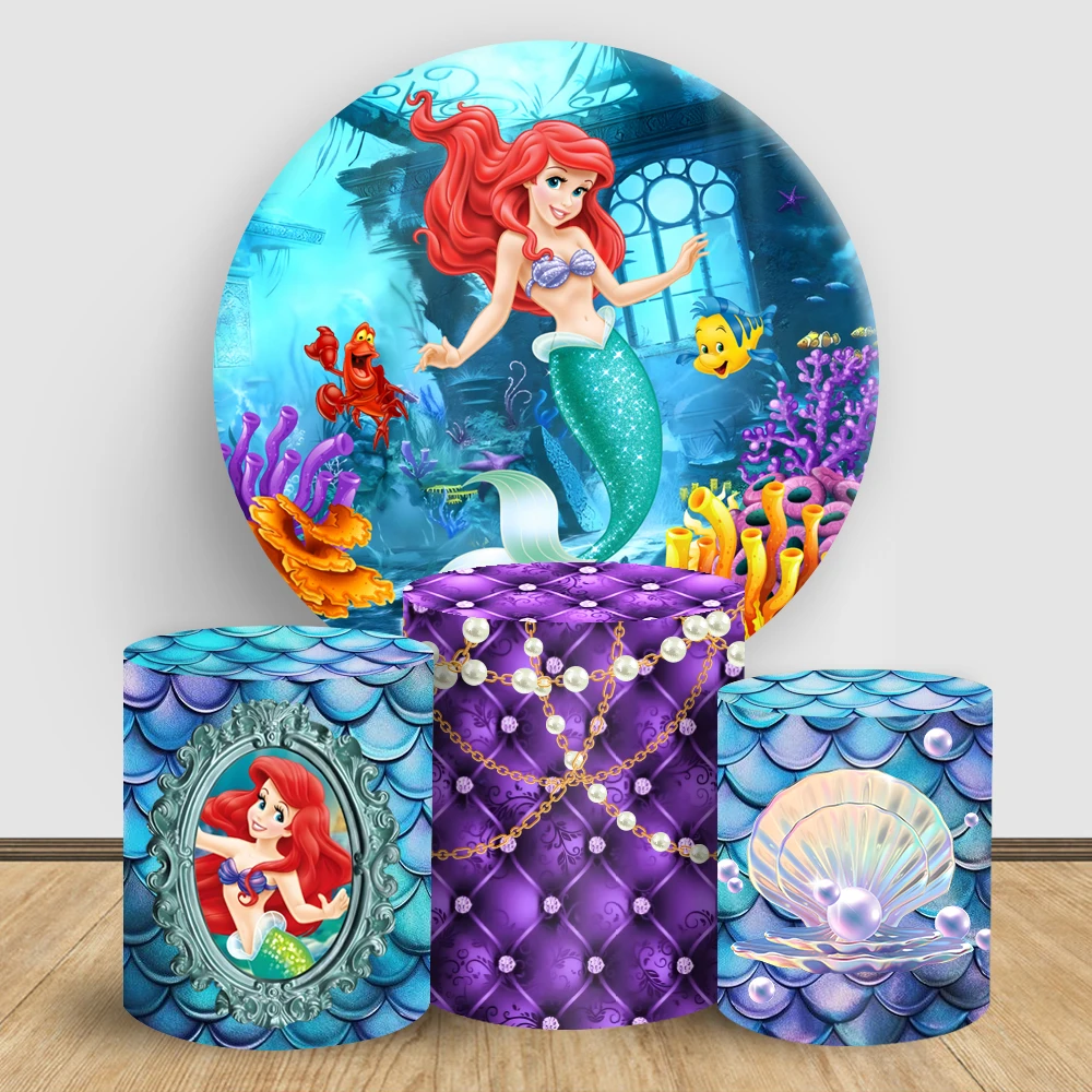 Undersea Little Mermaid Round Background Princess Ariel Photography Backdrop Cover for Kid birthday BabyShower Circle Cake Table