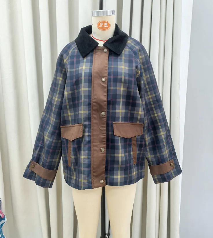 Casual Plaid Patchwork Women Jacket Full Sleeve Zipper Pocket Female Coat 2024 Autumn Lapel Single Breasted Lady Streetwear