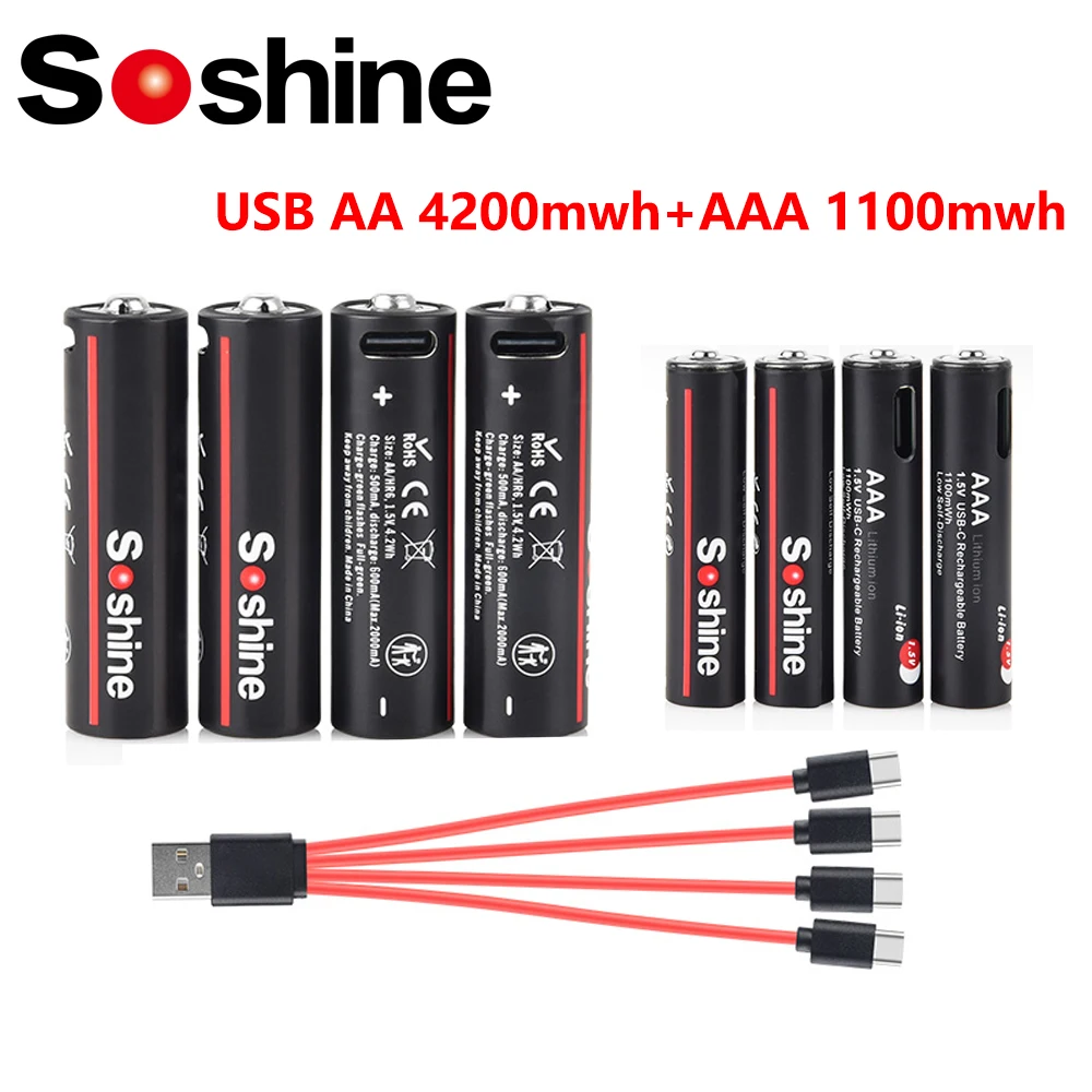 

Soshine USB Li-ion Batteries AAA and AA USB Lithium-ion Rechargeable Batteries USB 4200mWh 1.5V AA +1100mWh 1.5V AAA Battery
