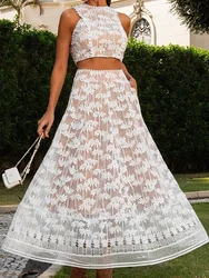 Short Top Maxi Skirts Two Pieces Sets, Women Summer Hollow Patchwork Outfit, Sleeveless Pocket Fashion Ladies Suits Streetwear