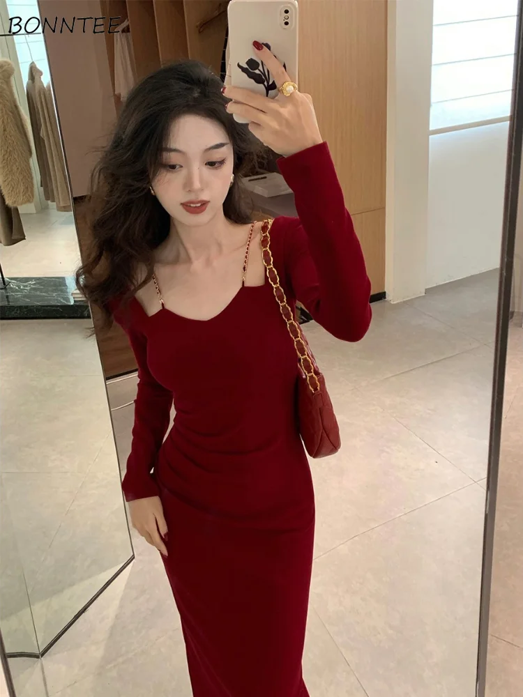 Long Dress Women Vintage Chains Square Collar All-match Bodycon Feminine Tender Korean Style Party Fashion Vestidos Stretchy