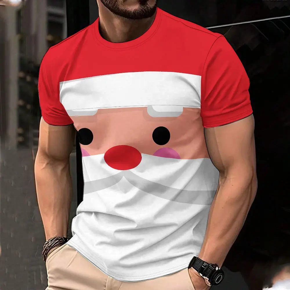 Christmas Men's Crew Neck T-Shirt, Casual Short Sleeve, Cartoon Santa Claus Pattern, Holiday Party Top, Everyday Wear
