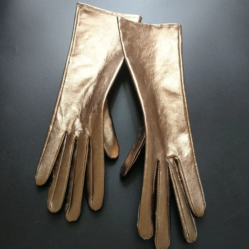 Women's Medium Long Gold Color Genuine Leather Glove Lady's Fashion Natural Leather Long Driving Glove