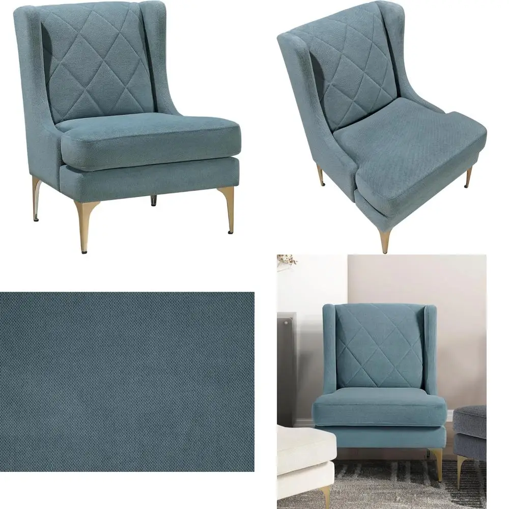 كرسي شانيل أزرق أنيق حديث مع أرجل معدنية ذهبية وخياطة ماسية