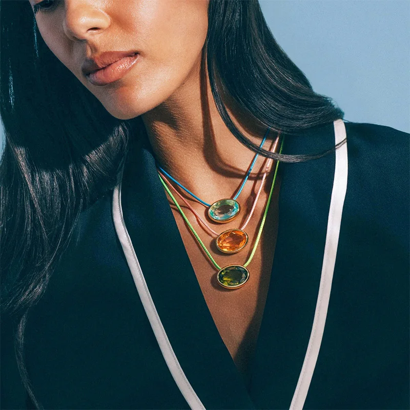 Oval Crystal Pendant Necklace Women Colorful Transparent Crystal Adjustable Drawstring Wax Cord Bohemian Vintage Women Jewelry