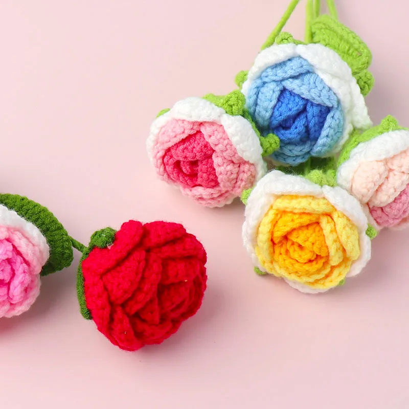 Creative Rose Crochet Flowers Knit  Flower Bouquet Wedding Bouquet Artificial Finished Handwoven Flower Flores Tejidas