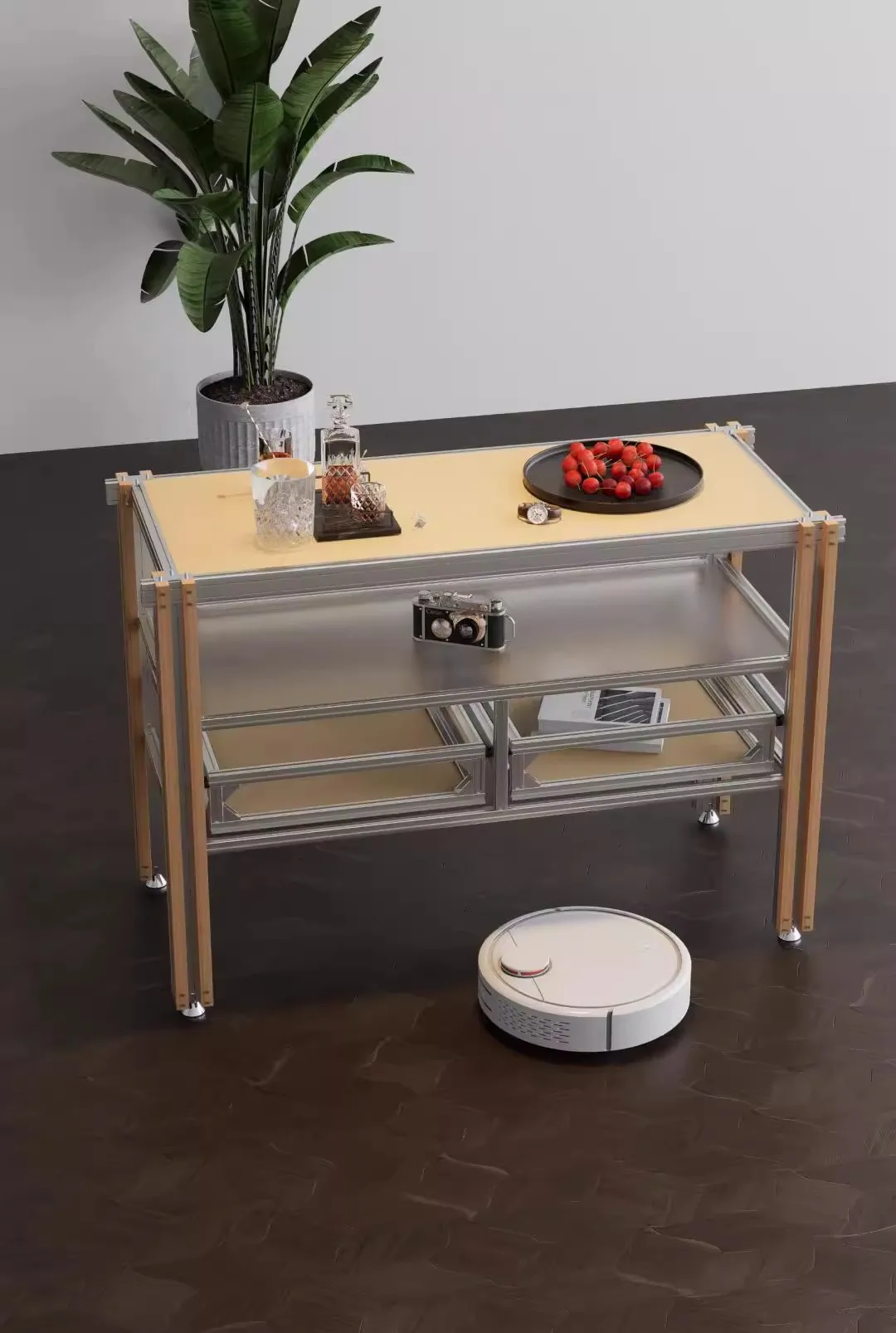 خزانة جانبية لتناول الطعام من الألومنيوم، وخزانة جزيرة، وخزانة تلفزيون ذات لوحة بحرية بسيطة وحديثة، وخزانة